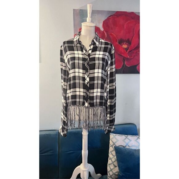 AQUA BLACK PLAID BUTTON DOWN FRINGE TRIM WOMENS SIZE M - Picture 1 of 10